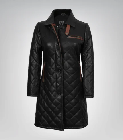 Women’s black quilted leather car coat featuring brown accent details