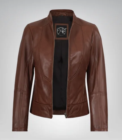 Cognac-toned real leather biker jacket for women