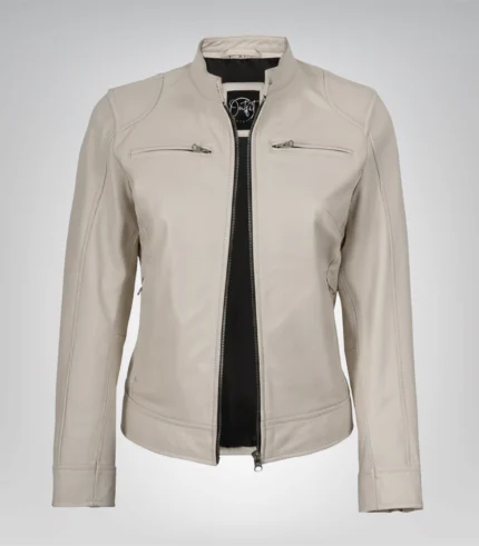 Off-white real leather motorcycle jacket for women