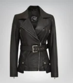 Black leather motorcycle jacket for women with longline design and belt