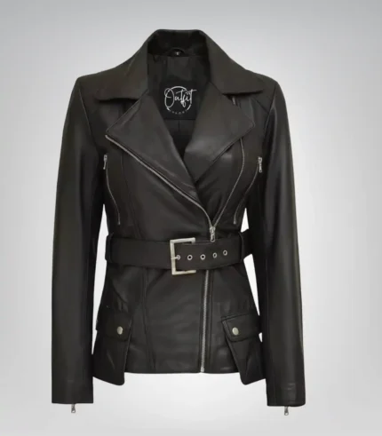 Black leather motorcycle jacket for women with longline design and belt