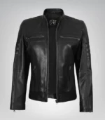 Black leather moto jacket for women with classic design