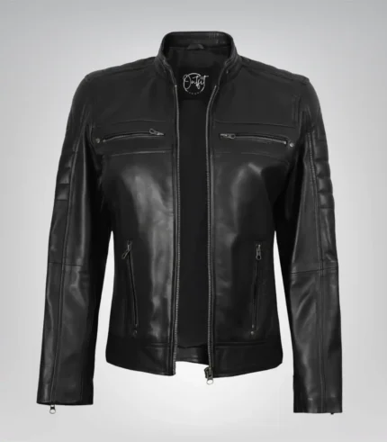 Black leather moto jacket for women with classic design