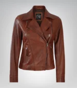 Cognac real leather moto jacket for women