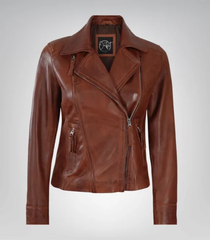 Cognac real leather moto jacket for women