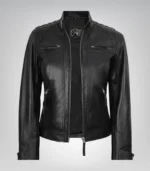 Black real leather moto jacket for women featuring quilted panels