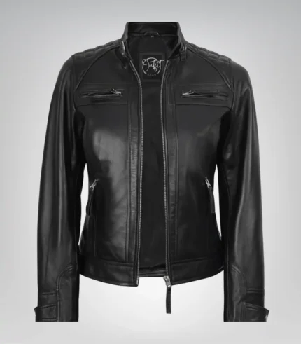 Black real leather moto jacket for women featuring quilted panels