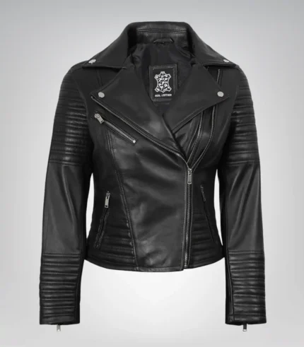 Black real leather moto jacket for women with asymmetrical zipper