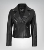 Women’s real leather moto jacket in asymmetrical biker style – Rita design