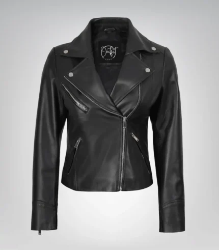 Women’s real leather moto jacket in asymmetrical biker style – Rita design