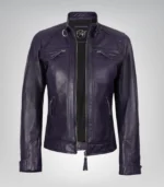 Purple real leather moto jacket for women with quilted detailing