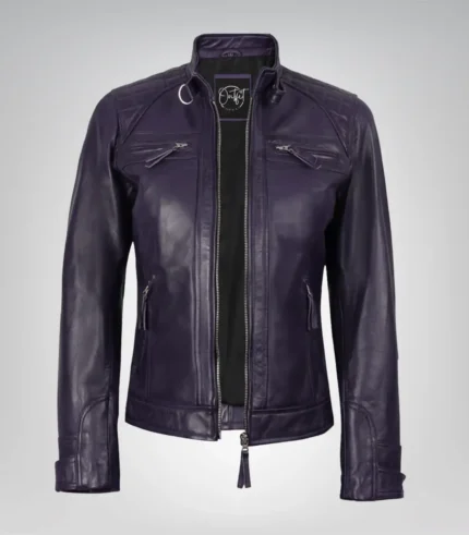 Purple real leather moto jacket for women with quilted detailing