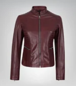Burgundy real leather moto jacket for women