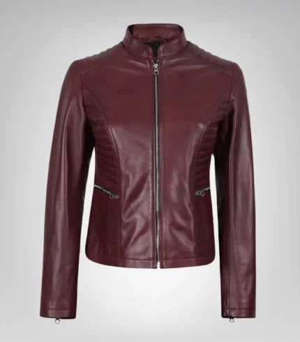 Burgundy real leather moto jacket for women