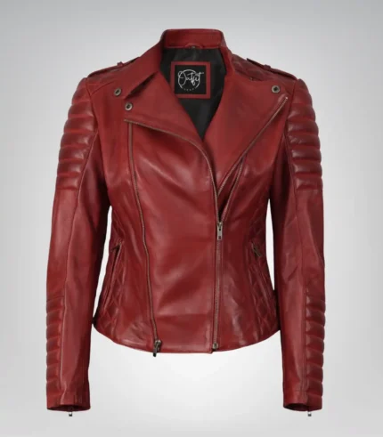 Red asymmetrical real leather motorcycle jacket for women