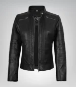 Women’s real black leather biker jacket in Bergamo design