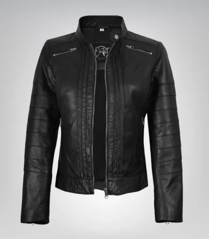 Women’s real black leather biker jacket in Bergamo design