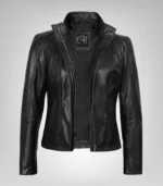 Women’s black slim-fit leather moto jacket Acerra design