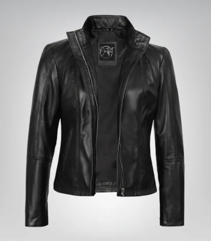 Women’s black slim-fit leather moto jacket Acerra design