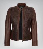 Cognac real leather motorcycle jacket for women with textured detailing