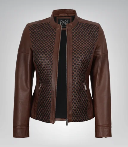 Cognac real leather motorcycle jacket for women with textured detailing