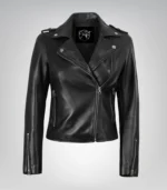 Black real leather biker jacket for women with asymmetrical closure