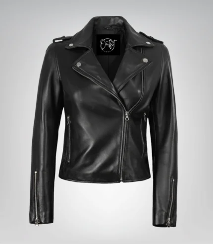 Black real leather biker jacket for women with asymmetrical closure