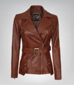 Cognac real waxed leather biker jacket for women with belt and four pockets