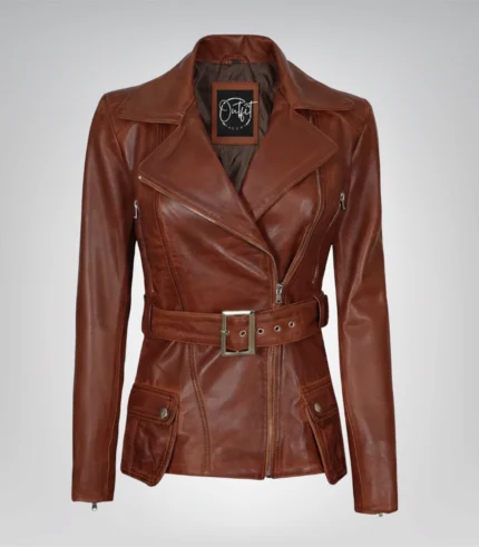 Cognac real waxed leather biker jacket for women with belt and four pockets