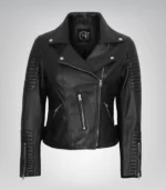 Stylish black leather motorcycle jacket for women – genuine leather
