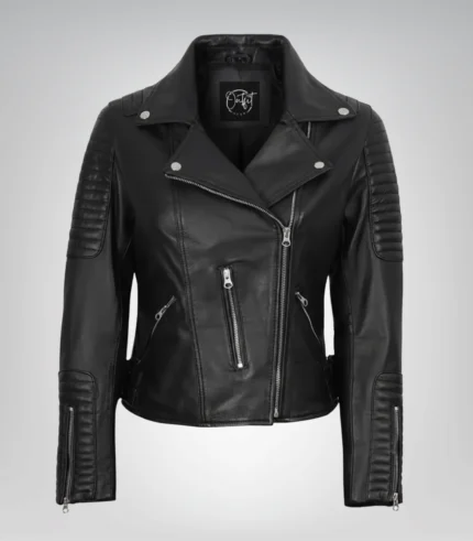 Stylish black leather motorcycle jacket for women – genuine leather