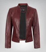 Stylish slim-fit leather jacket for women in burgundy