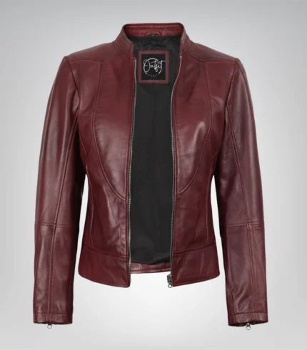 Stylish slim-fit leather jacket for women in burgundy