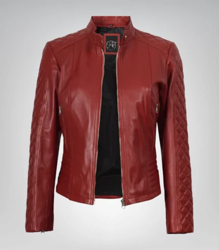 Stylish red leather motorcycle jacket for women with quilting