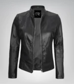 Stylish black leather bomber jacket for women featuring a removable hood