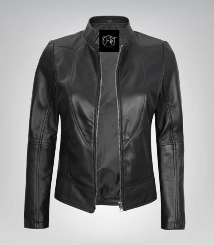 Stylish black leather bomber jacket for women featuring a removable hood