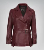Women’s maroon leather motorcycle jacket with belted waist