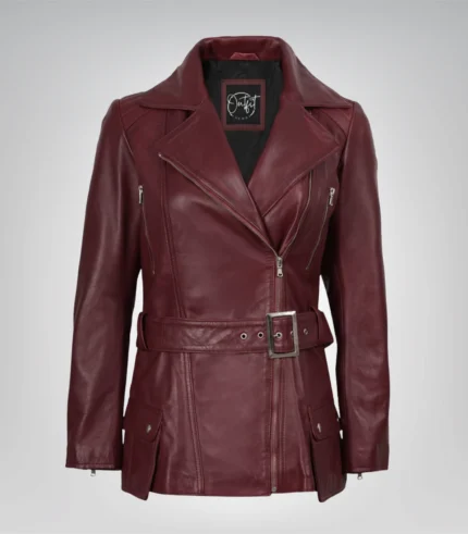 Women’s maroon leather motorcycle jacket with belted waist