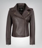 Women’s dark brown asymmetrical leather motorcycle jacket