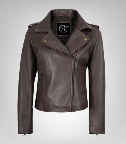 Women’s dark brown asymmetrical leather motorcycle jacket