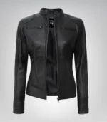 Women’s fitted black real leather motorcycle jacket
