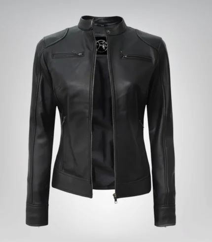 Women’s fitted black real leather motorcycle jacket