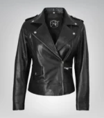 Black asymmetrical leather motorcycle jacket for women