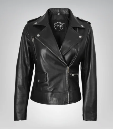 Black asymmetrical leather motorcycle jacket for women