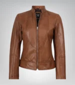 Women’s tan waxed leather motorcycle jacket slim fit