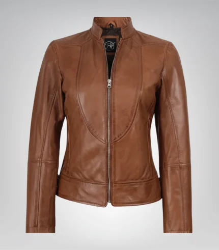 Women’s tan waxed leather motorcycle jacket slim fit