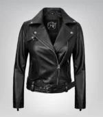 Black leather biker jacket for women with asymmetrical zipper