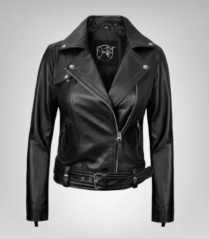 Black leather biker jacket for women with asymmetrical zipper