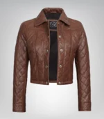 Cognac real leather cropped jacket for women with quilted detailing