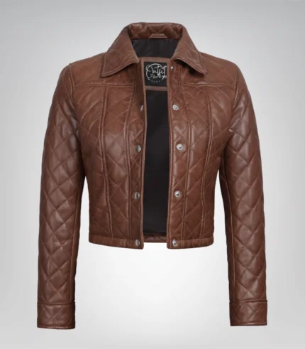 Cognac real leather cropped jacket for women with quilted detailing